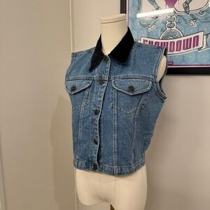 Vision I Vintage Denim Vest Blue Medium Wash Black Corduroy Collar Womens Small